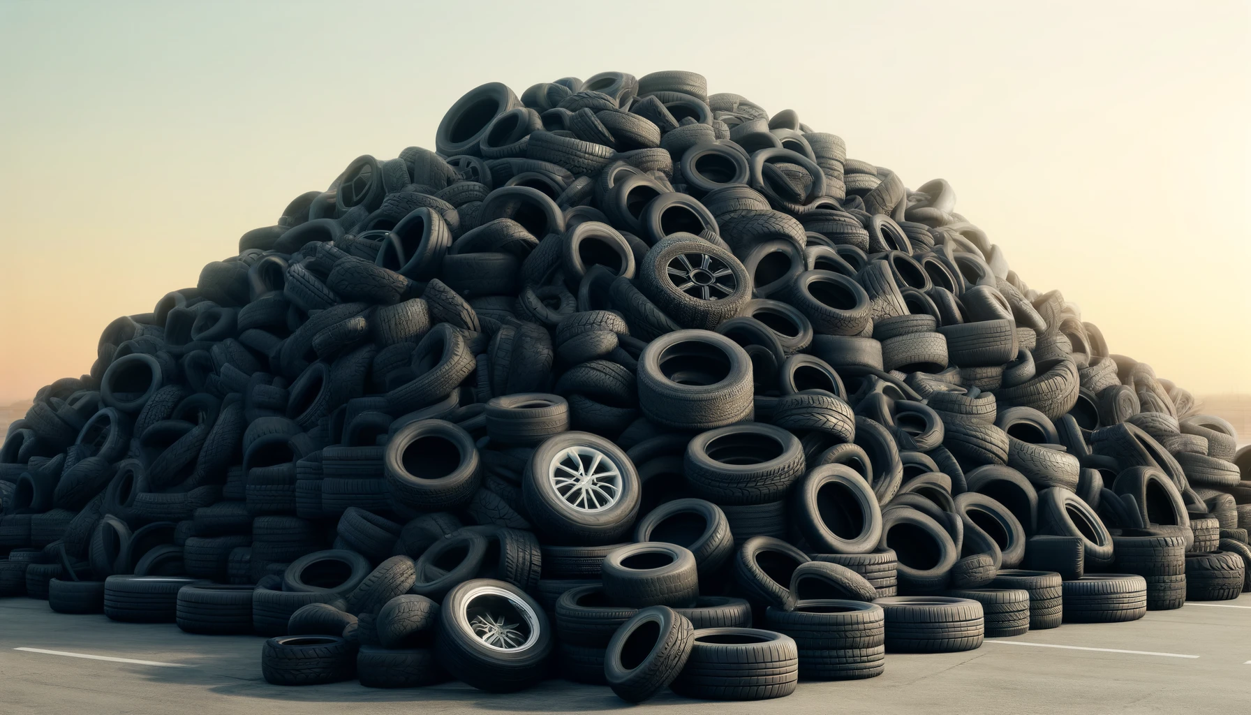 A large pile of car tyres stacked haphazardly in an open area